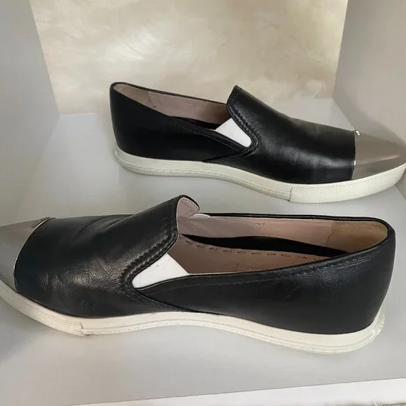 EUC MIU Black Silver Metal CapToe Leather Skate Slip on Sneakers Shoe 37 7 - Picture 8 of 10